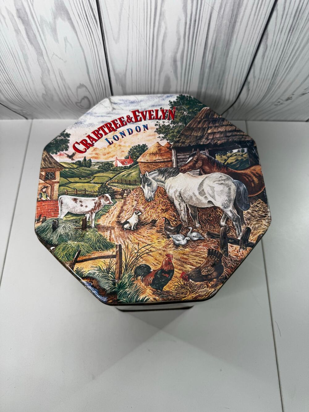 Vintage 1985 Crabtree and Evelyn Octagon Tin Farm Horse Chicken Tall Round